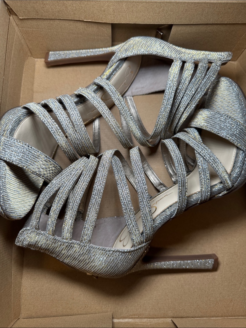 NEW- Jessica Simpson Silver Metallic Strappy Stiletto Heels